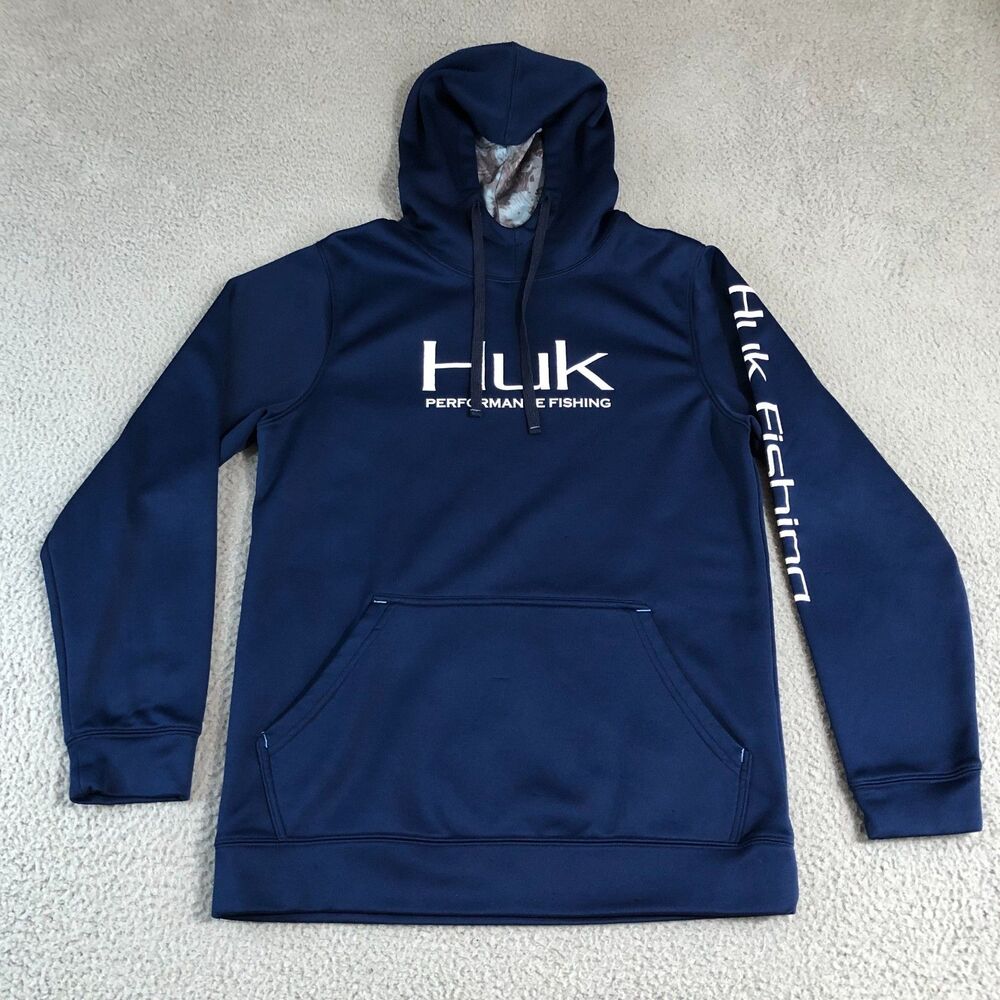 Huk Hoodie Mens Small Blue Thermal Pullover Logo Fishing Performance Sweatshirt